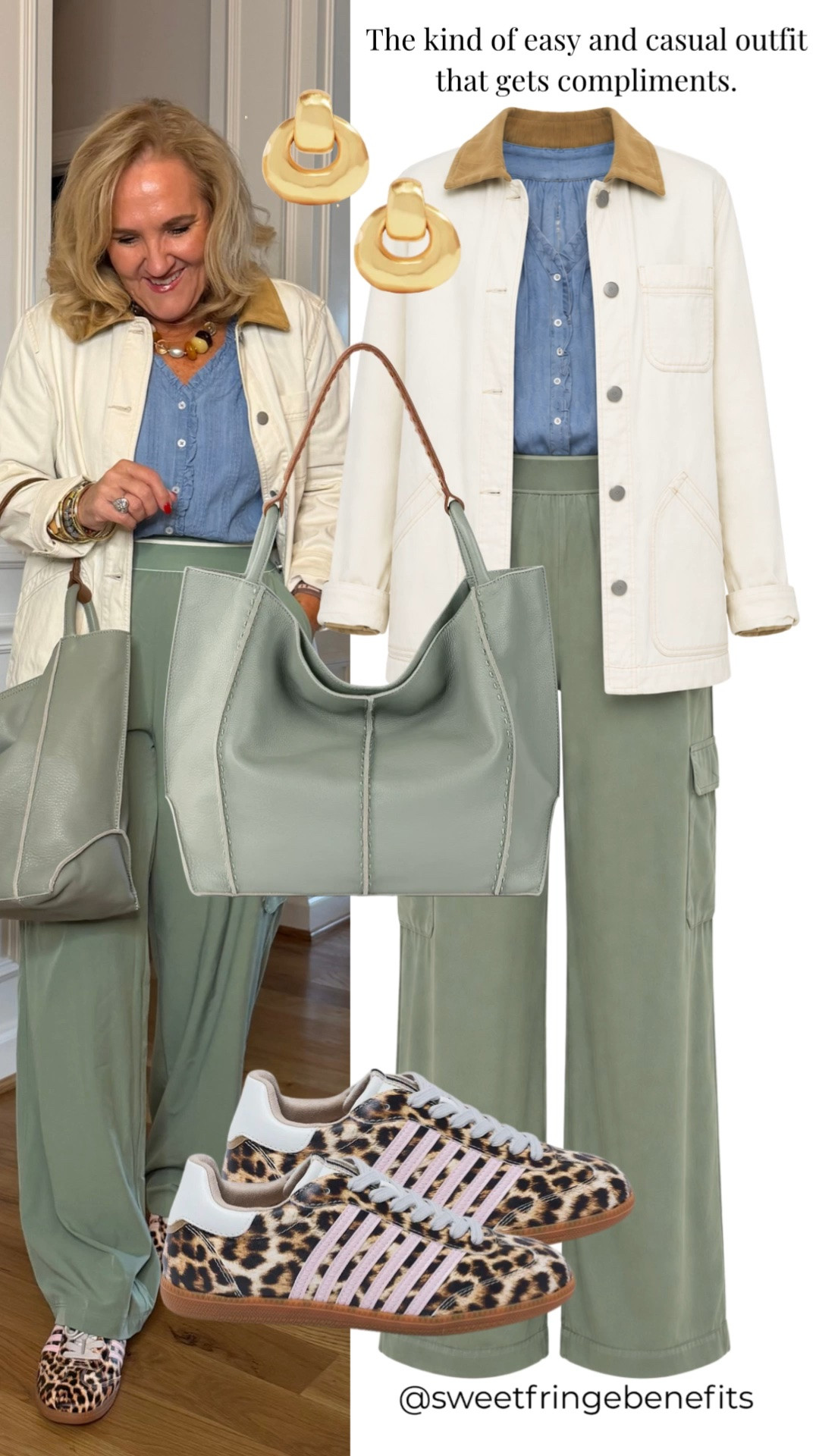 This cream utility jacket and sage green pant combo is the kind of easy casual outfit that gets compliments. The denim shirt adds a classic layer, while leopard sneakers and a sage tote bring just enough personality.

💡 LTK MADE EASY
❤️ Heart = Support my posts!
🔖 Save = Get sale & restock alerts
📋 Lists = Keep favorites organized
📲 Share = Send lists and products to a friend. Hello, Christmas List!
💬 Comment = Ask me anything about what I'm wearing.:-)

#LTKootd #LTKTravel #LTKOver40