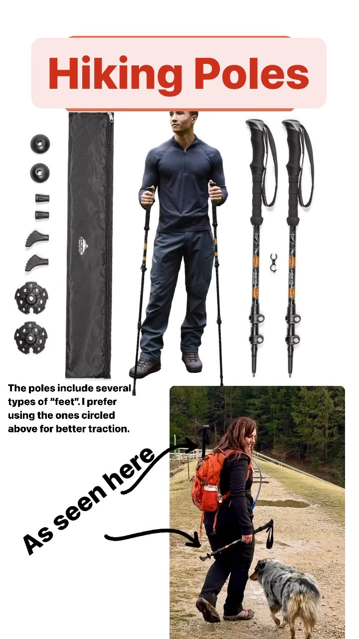 Hiking Poles. These lightweight aluminum hiking poles go on every hiking trip with us! Two locks on each pole allow you to extend to fit your height and easily pack in your backpack. Adjustment wrist straps  

#LTKtravel #LTKfitness #LTKover40