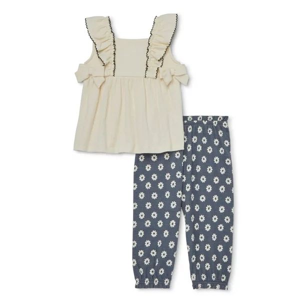 Wonder Nation Baby Girl Knit Gauze Ruffled Sleeve Top & Ruffle Trim Pants, 2pc Outfit Set | Walmart (US)