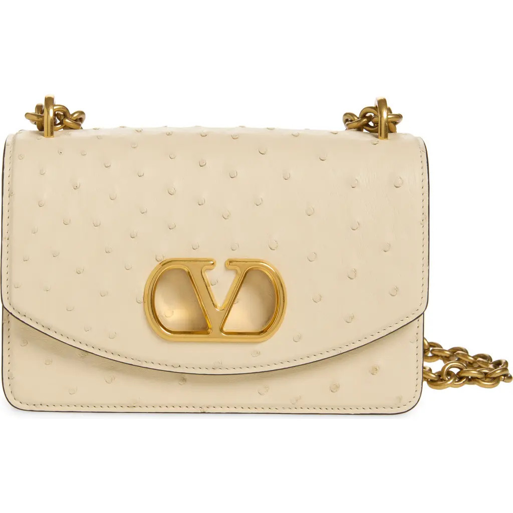 Valentino Garavani Small DeVain Ostrich Leather Shoulder Bag in Light Ivory at Nordstrom | Nordstrom