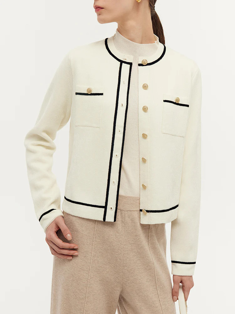 Velvet Touch Contrast Trim Women Knit Cardigan | GOELIA