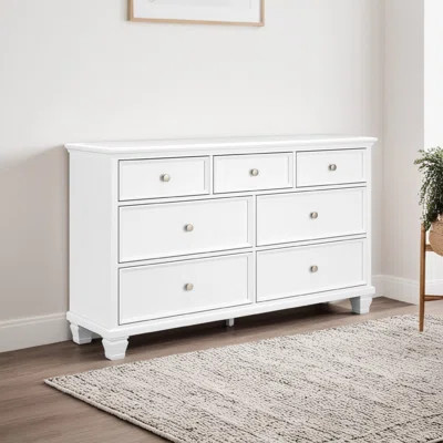 Heno Wide Dresser, 7 Storage Drawers, Nickel Round Knob Handles, White | Wayfair North America