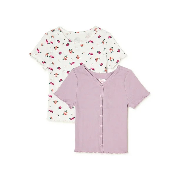 Wonder Nation Girls Waffle Knit & Button-Front Rib T-Shirts, 2-Pack, Sizes 4-18 & Plus | Walmart (US)