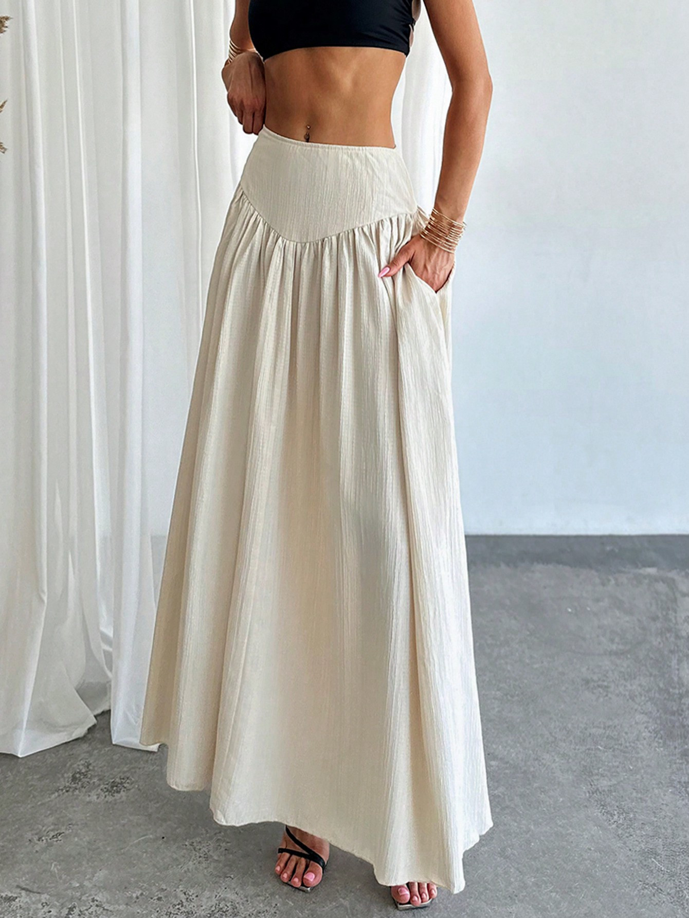 SHEIN Privé Women's Summer Elegant Waist Ruched A-Line Skirt With Real Pockets | SHEIN | SHEIN