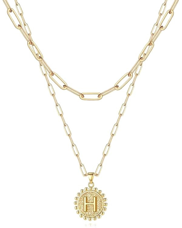 Ursteel Layered Initial Necklaces for Women - 14K Gold Plated Dainty Layering Paperclip Chain Nec... | Amazon (US)