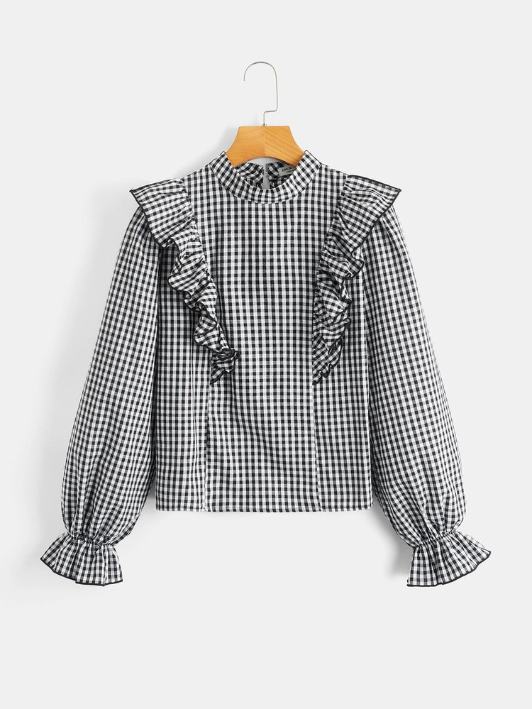 SHEIN Teen Girls Mock Neck Flounce Sleeve Ruffle Trim Gingham Top | SHEIN