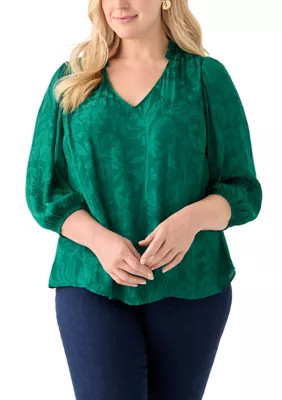 Crown & Ivy Women's Plus Size Shirred Jacquard Top, Green, 1X | Belk