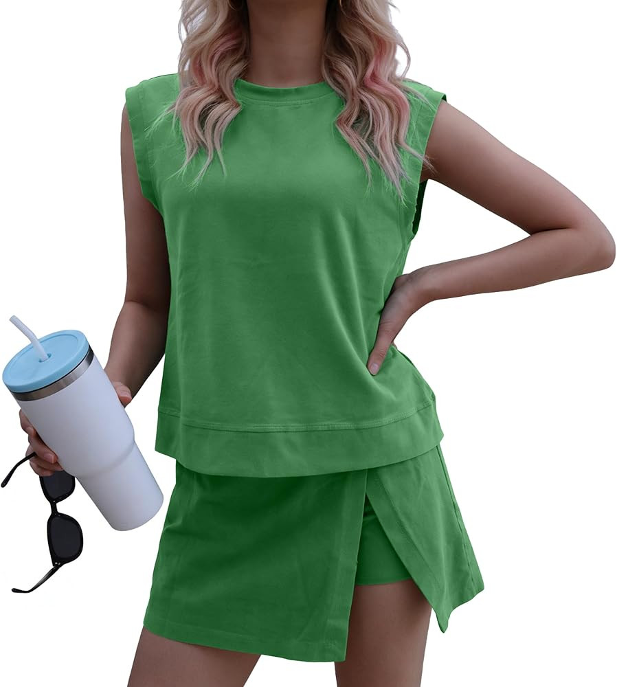 Yeokou Womens 2 Piece Washed Cotton Outfits Tank Top Skort Set Casual Summer Tracksuit with Side ... | Amazon (US)