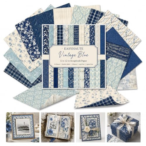 Navy Aesthetic Scrapbook Paper 12x12 Double Sided, Blue Floral & Music Script Patterned Paper Pad - Decorative Craft Cardstock & Scrapbooking Supplies for Photo Albums, 24 Sheets | Amazon (US)