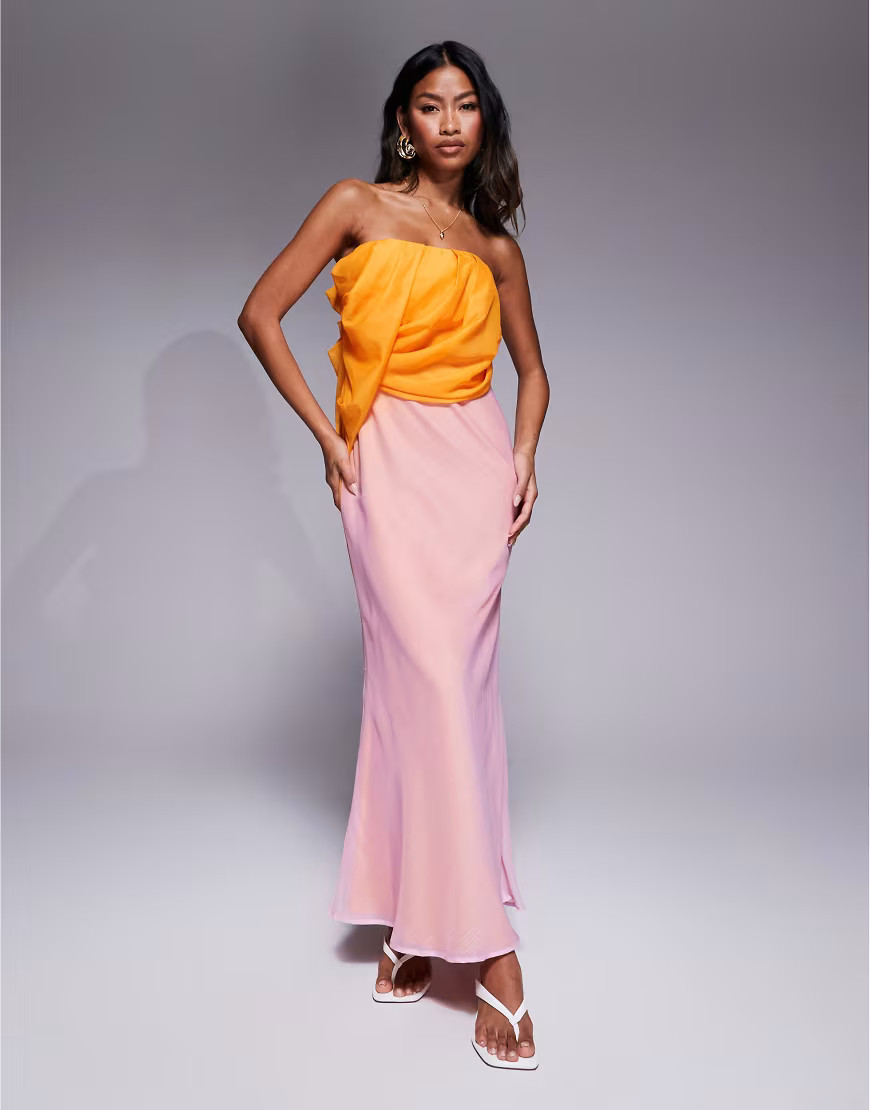ASOS DESIGN bandeau draped bias maxi dress in pink and orange ombre print-Multi | ASOS (Global)