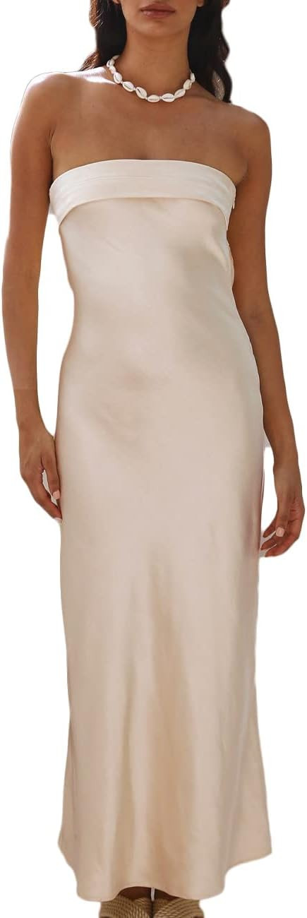 Realtix Satin Silk Backless Tube Tops Maxi Dress for Women Low Back Hollow Out Elegant Strapless ... | Amazon (US)
