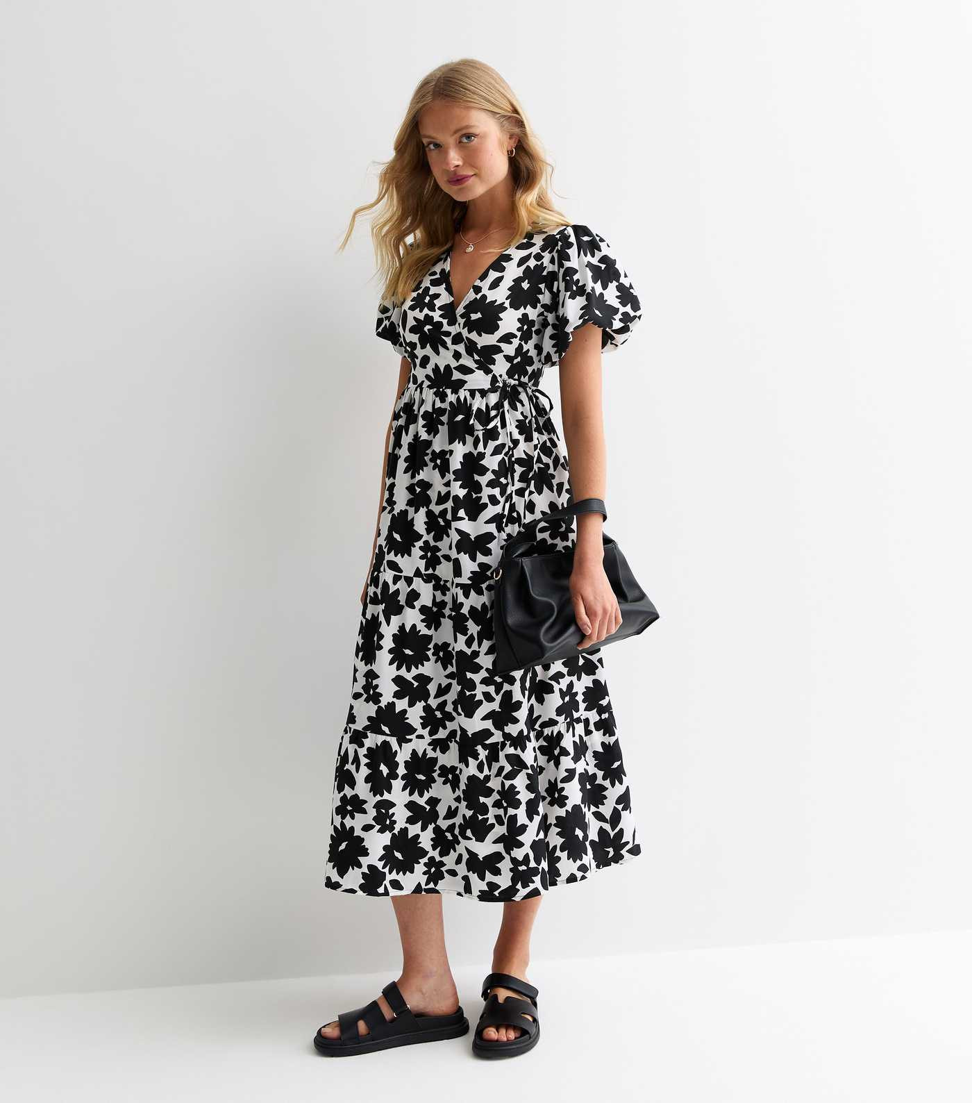 Black Floral Pattern Puff Sleeve Wrap Tiered Midi Dress | New Look | New Look (UK)