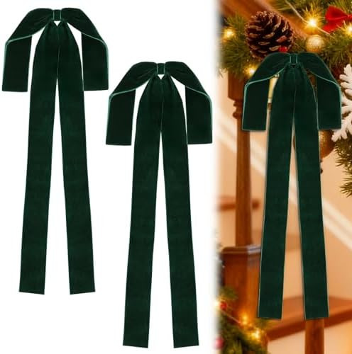 2 Pcs Large Dark Green Velvet Christmas Bows, 12"x17" Long Green Velvet Bows for Christmas Tree, ... | Amazon (US)