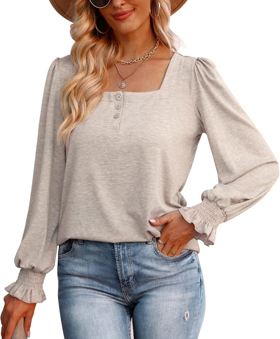Kenaque Womens Tunic Tops Casual Square Neck Ruffle Lantern Sleeve Tshirts Button Blouse Tees Loose  | Amazon (US)