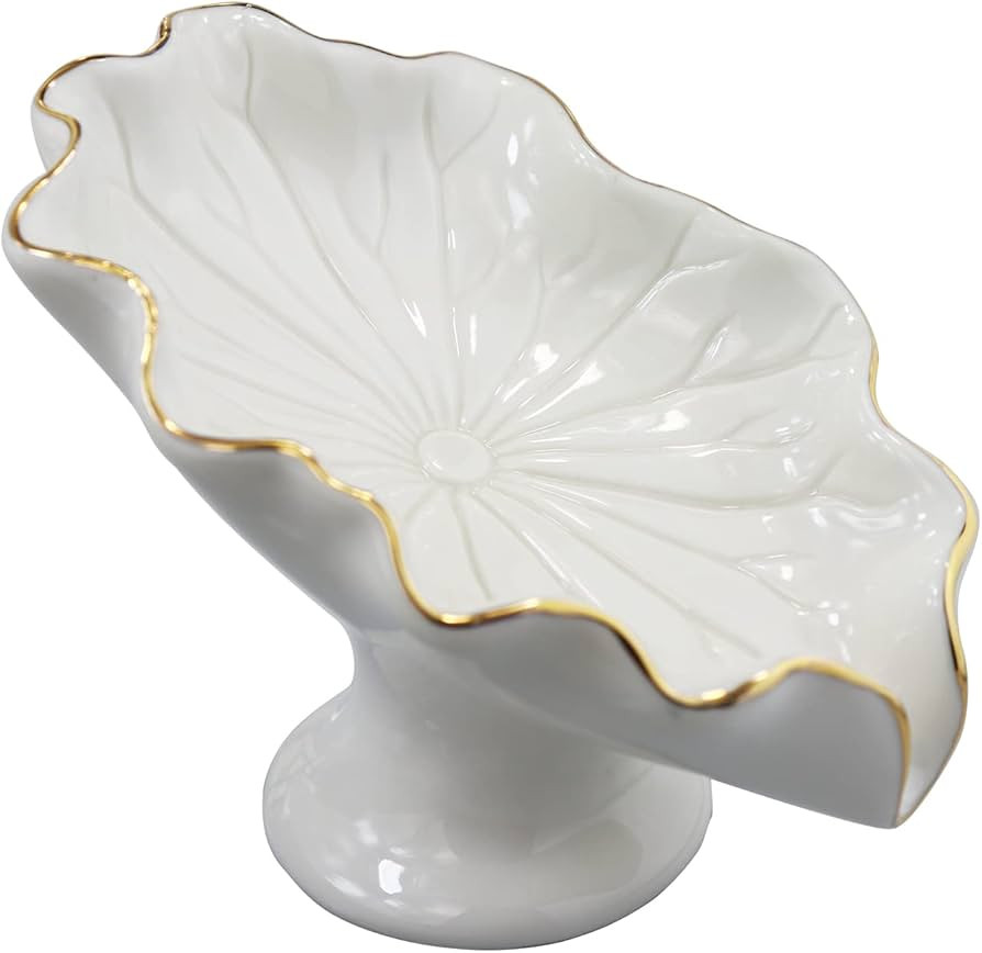 Soap Dish Ceramic White Lotus Leaf Shape Soap Holder Self Draining Soap Dish Waterfall Slot Spong... | Amazon (US)