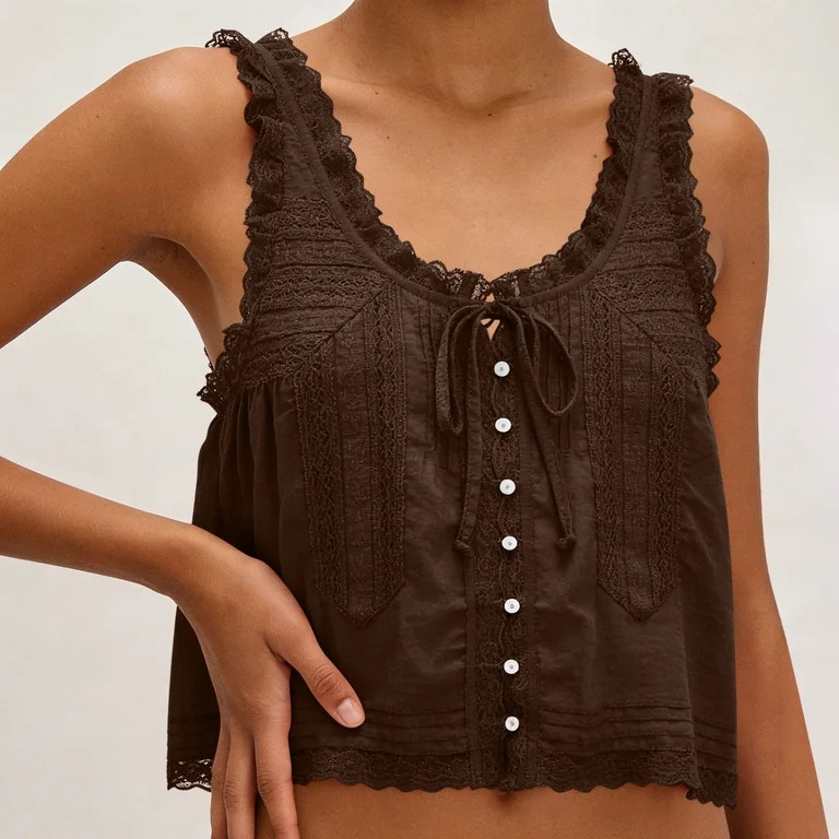 ClodeEU Women's V-Neck Sleeveless Button Down Tank Top, Casual Ruffled Strap Blouse Brown,Women's... | Walmart (US)