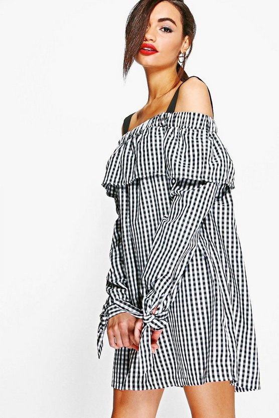 Julia Gingham Off Shoulder Tie Smock Dress | Boohoo.com (US & CA)