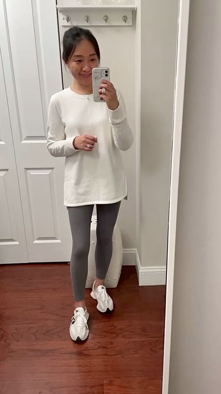 I took size S in this $19.99 tunic length sweatshirt. Available in a few colors. I'm 5' 2.5" and currently 112 pounds.

I love these petite friendly 7/8 leggings (25" inseam) and I have them in many colors. The color shown here is Titanium.

#LTKfitness #LTKfindsunder50 #LTKover40