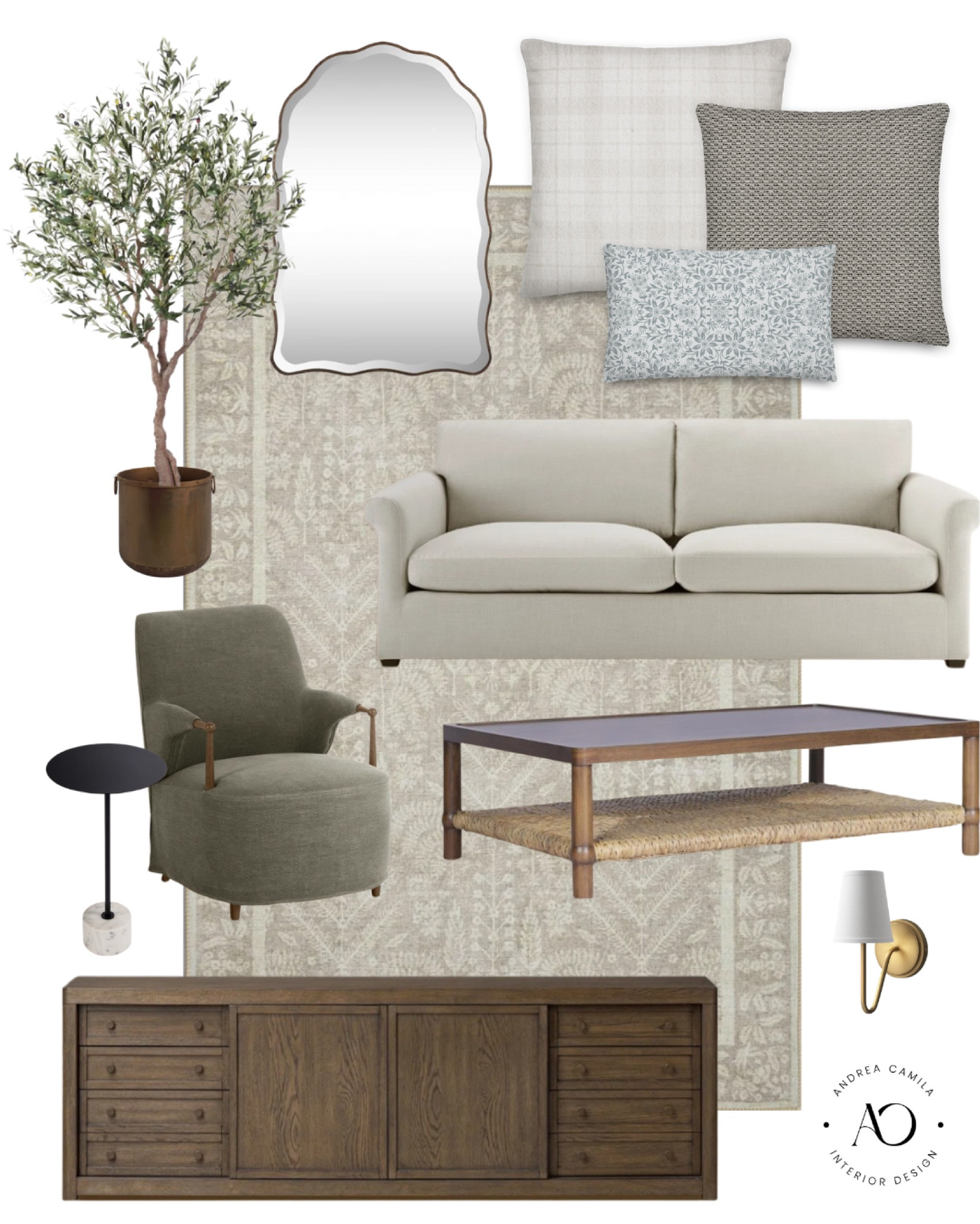 Best living room furniture for a farmhouse styled home interior. Upholstered sofa with rolled arms. Green accent chair, living room. Wooden brown coffee table. Round iron and marble side table. 78 inch media console wooden. Dimmable light sconce. Pho olive tree 7 foot tree in pot. Iron pot planter. Unique arch wall mirror. Neutral rug, affordable furniture by interior designer

#LTKfindsunder50 #LTKsalealert #LTKhome