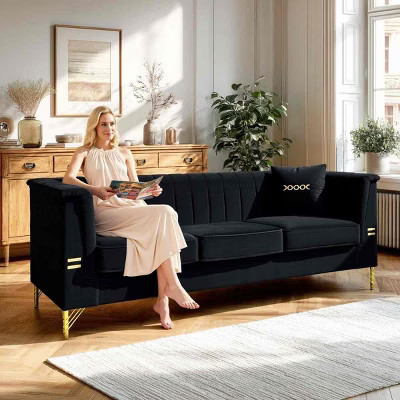 Modern Black Velvet Sofa with 2 Pillows and Gold Metal Legs, Luxurious 3-Seater Cloud Sofa for Living Room, Office, or Apartment – The Pop Home | Target