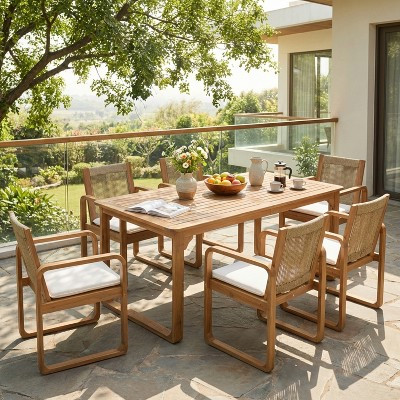 Christopher Knight Home Wesley Patio Modern Acacia Wood 7-Piece Dining Set with 6 Rope Wicker Chairs, Light Teak/Beige | Target