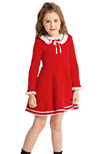 SMILING PINKER Toddler Girls Dresses Sweater Long Sleeve Winter Knitted Skater Dress Ruffle Collar (Red, 6-7 Years) | Amazon (US)