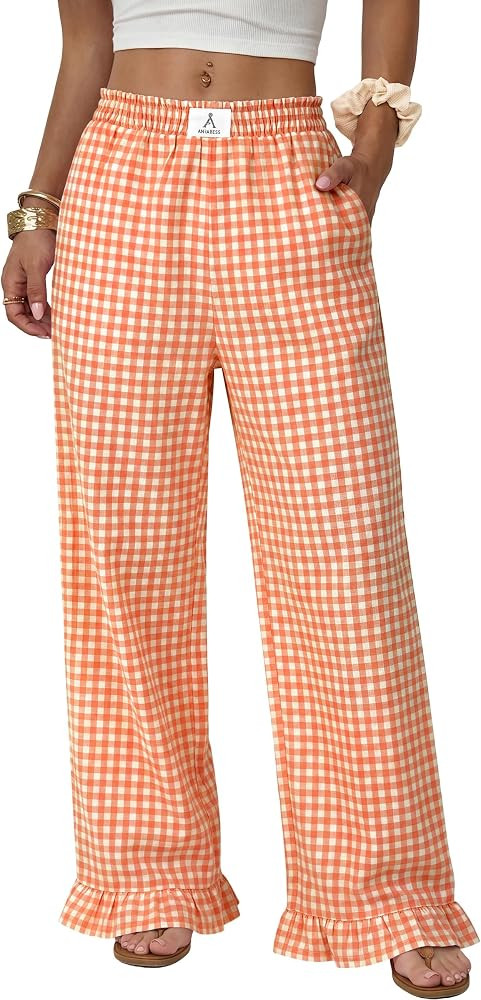 ANRABESS Womens Gingham Striped Ruffle Hem Pants | Amazon (US)