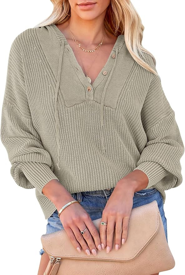 ANRABESS Women‘s Long Sleeve Henley Hoodie Button Drawstring Casual Knitted Pullover Sweater Sw... | Amazon (US)