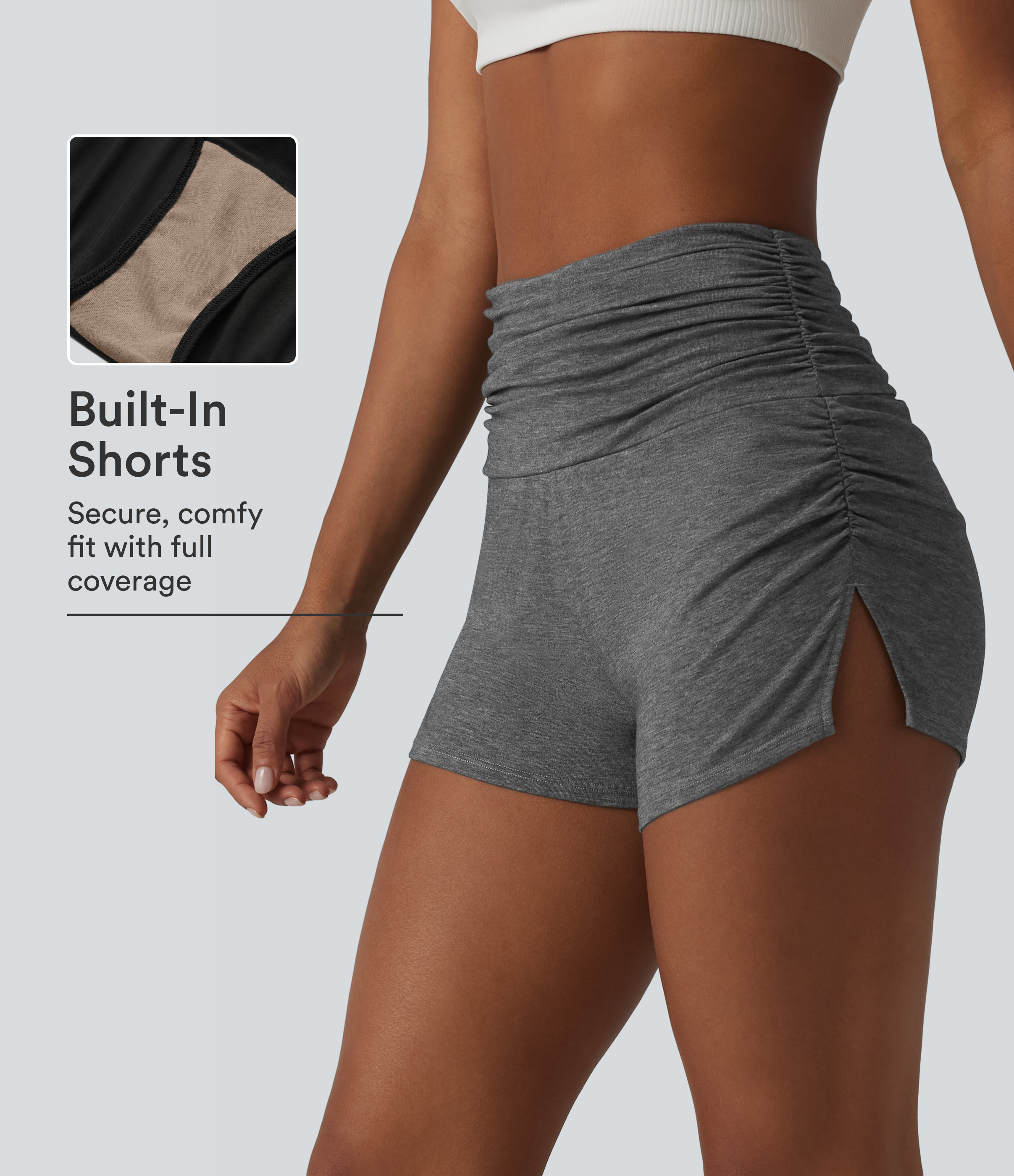 High Waisted Ruched Built-in Underwear Casual Shorts 2.5'' | HALARA