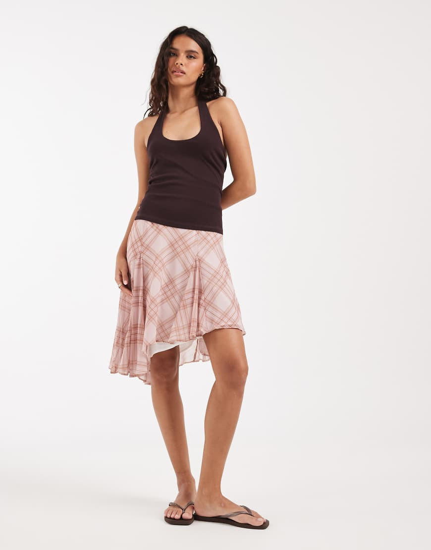 ASOS DESIGN chiffon asymmetric ruffle skirt in pink check-Multi | ASOS (Global)