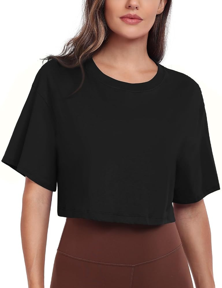 HeyNuts Pima Cotton Short Sleeve Workout Cropped Tops for Women Crew Neck Casual Basic Athletic C... | Amazon (US)