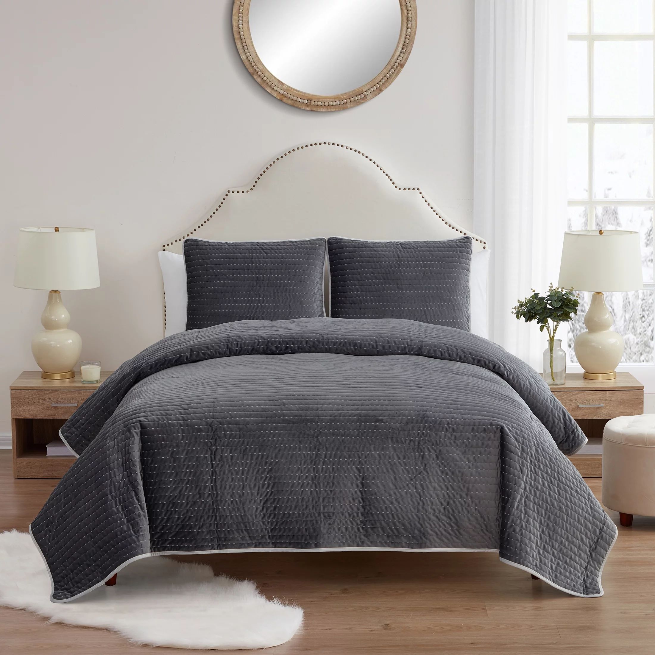 My Texas House Quinn Grey Pick Stitch Stripe Velvet 3-Piece Quilt Set, Full/Queen - Walmart.com | Walmart (US)