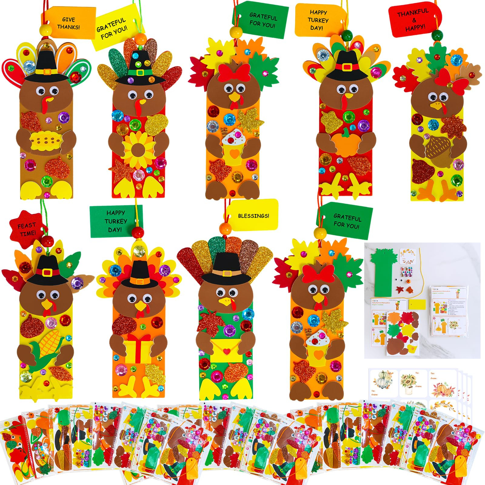Winlyn 24 Sets Thanksgiving Turkey Craft Kits Fall Kids Crafts DIY Turkey Bookmarks Art Sets Autu... | Amazon (US)