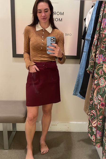 White collared ribbed long sleeve top and maroon belted skirt 

#LTKsalealert