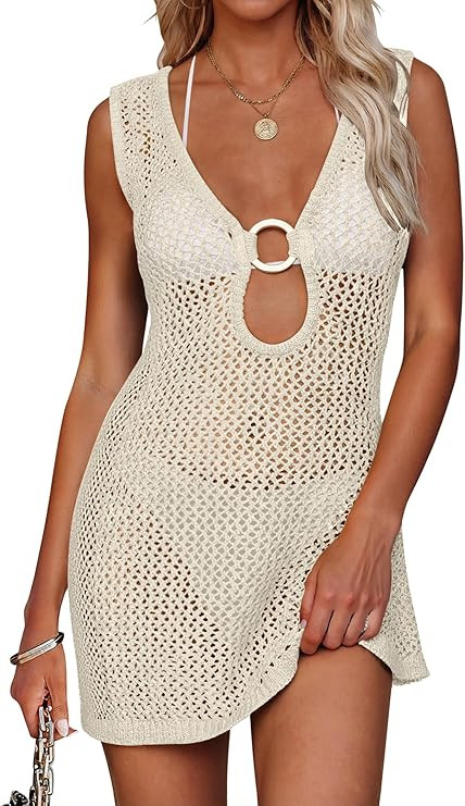 ANRABESS Women Beach Cover Ups Crochet Sleeveless Bathing Swim Suit Sexy Mesh Hollow Out Swimwear... | Amazon (US)