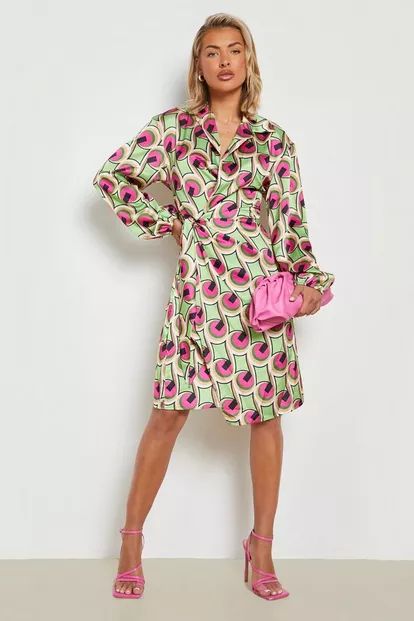 Printed Satin Wrap Midi Dress | Boohoo.com (US & CA)