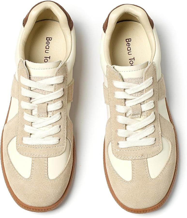 BEAU TODAY Fashion Sneakers Women,Leather Lace Up Platform OG Sneakers,Retro Comfortable Casual T... | Amazon (US)