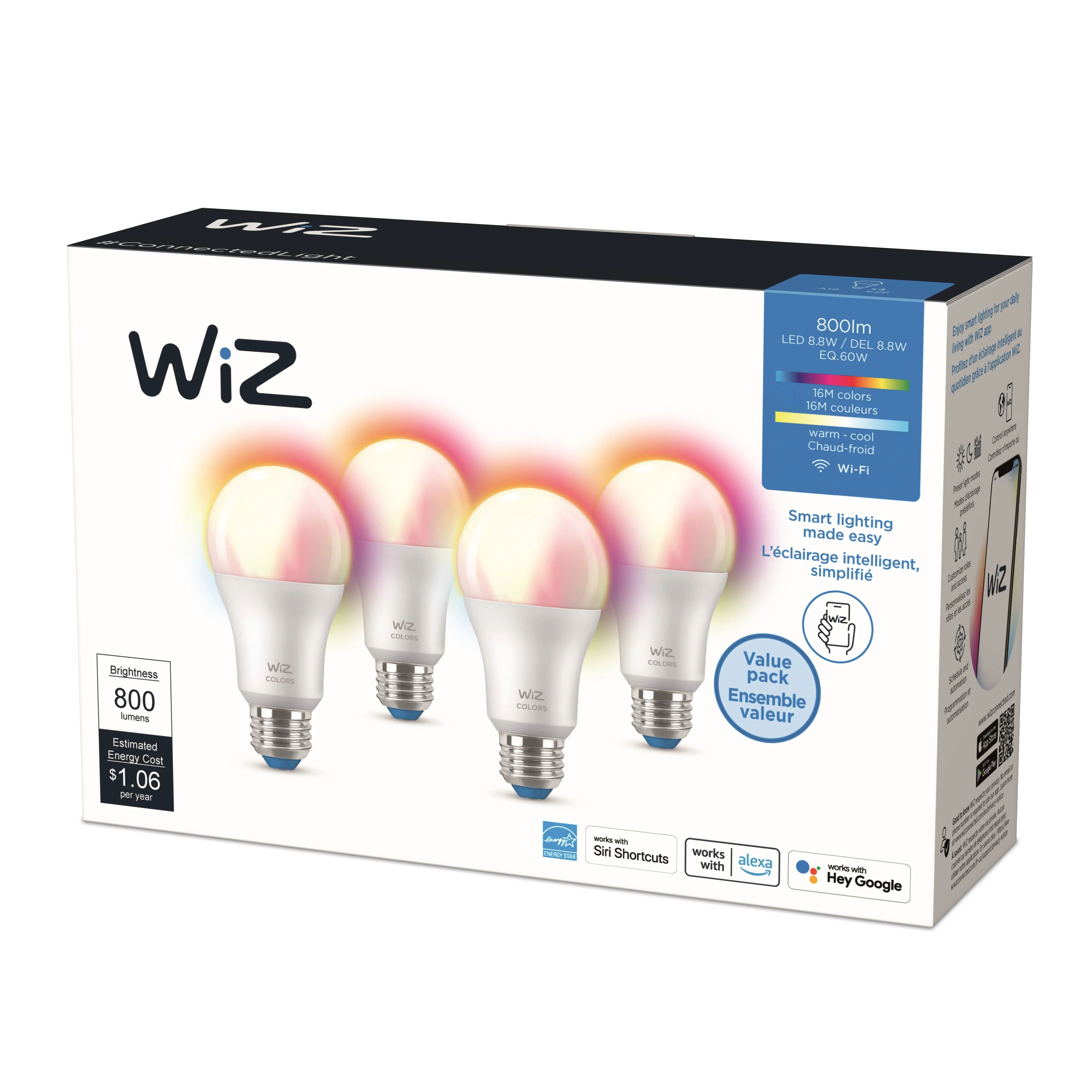 WiZ LED Smart Wi-Fi Connected 60-Watt A19 Color & Tunable White Light Bulb, Dimmable, 4-Pack - Wa... | Walmart (US)