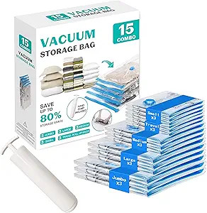 15 Pack Vacuum Seal Bags for Clothing &Travel, Space Saver Vacuum Storage Bags for Blankets,Lugga... | Amazon (US)