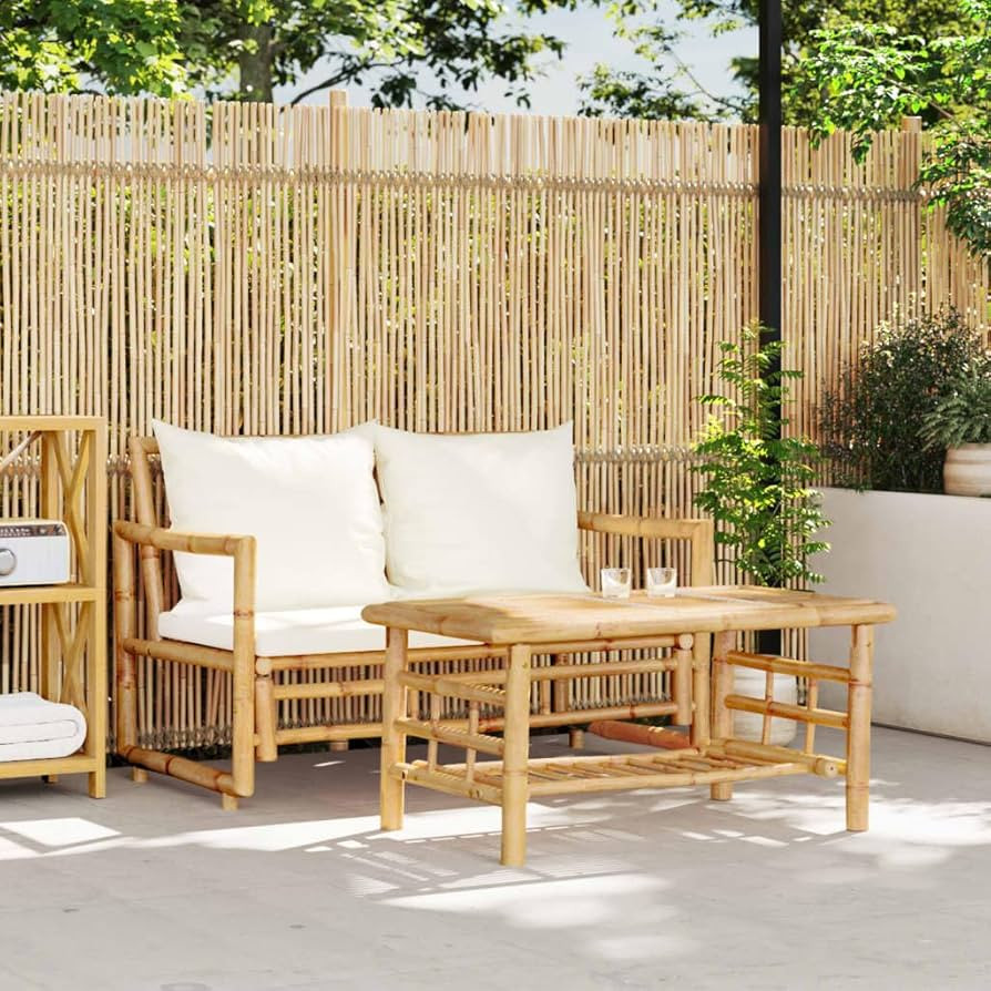 2 Piece Patio Sofa Set with Table and Cushions, Bamboo 2-Seater Sofa with Table, Outdoor Bamboo P... | Amazon (US)