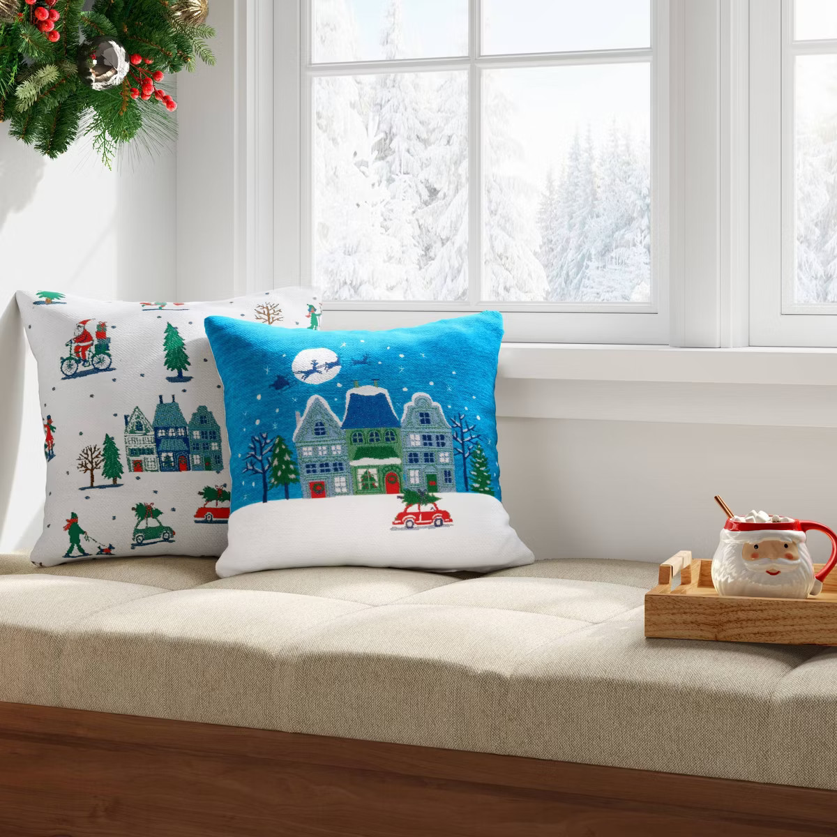 2pk Christmas Scene Jacquard Chenille Square Throw Pillow Turquoise/Ivory - Wondershop™ | Target