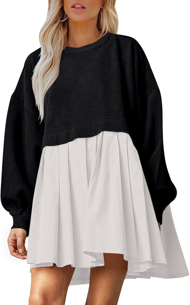 Dokuritu Sweatshirt Dress Women Crew Neck Long Sleeve Patchwork Pullover Tops Flowy Oversized Swe... | Amazon (US)