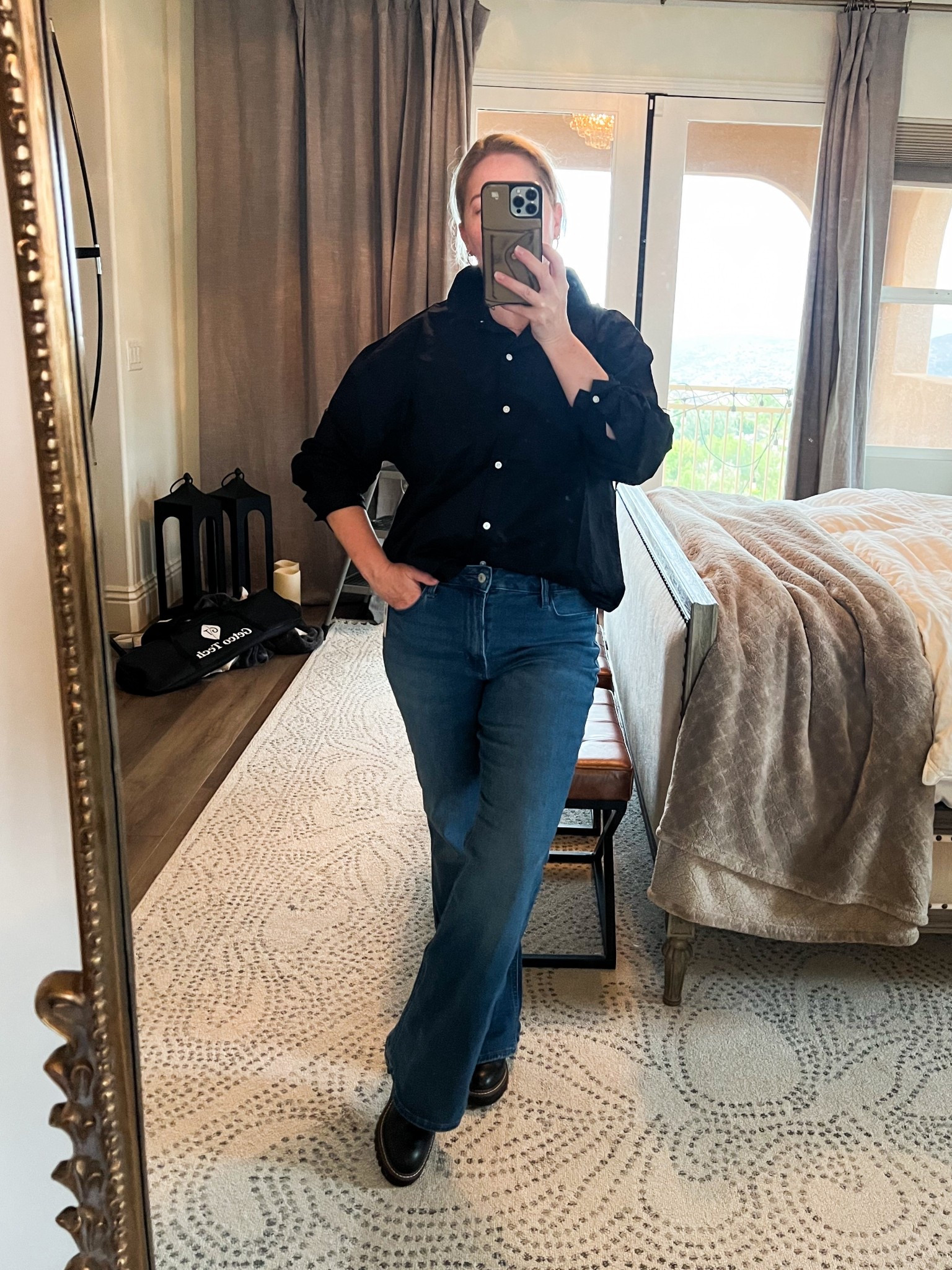 These high waisted flare jeans are stretchy and have a great fit overall. They’re on sale for $20! I’m 5’2” wearing petite and the length is perfect. LOVE this oversized button down boyfriend shirt. Wearing size small (regular). All of these items come in different color options.

#LTKOver40 #LTKSaleAlert #LTKStyleTip