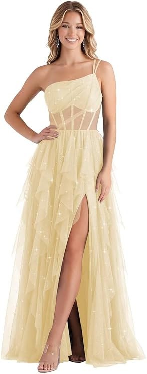 One Shoulder Sparkly Tulle Prom Dresses for Teens 2026 Long A-Line Tiered Formal Evening Gown wit... | Amazon (US)