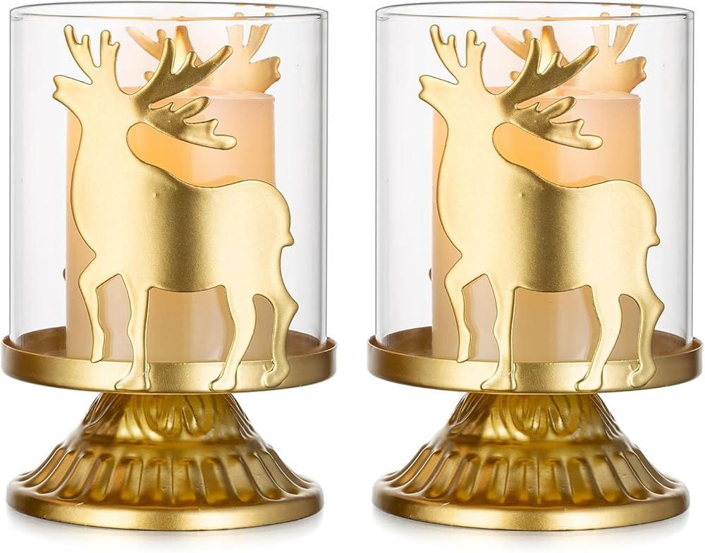 Sziqiqi Christmas Reindeer Candle Holders - Rustic Gold Deer Decor Hurricane Candle Holder Set of... | Amazon (US)