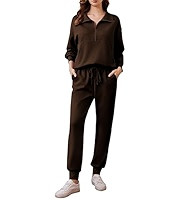 PINSPARK 2 Piece Sets for Women 2025 Fall Travel Outfits Long Sleeve Tracksuit Joggers Sets Half ... | Amazon (US)