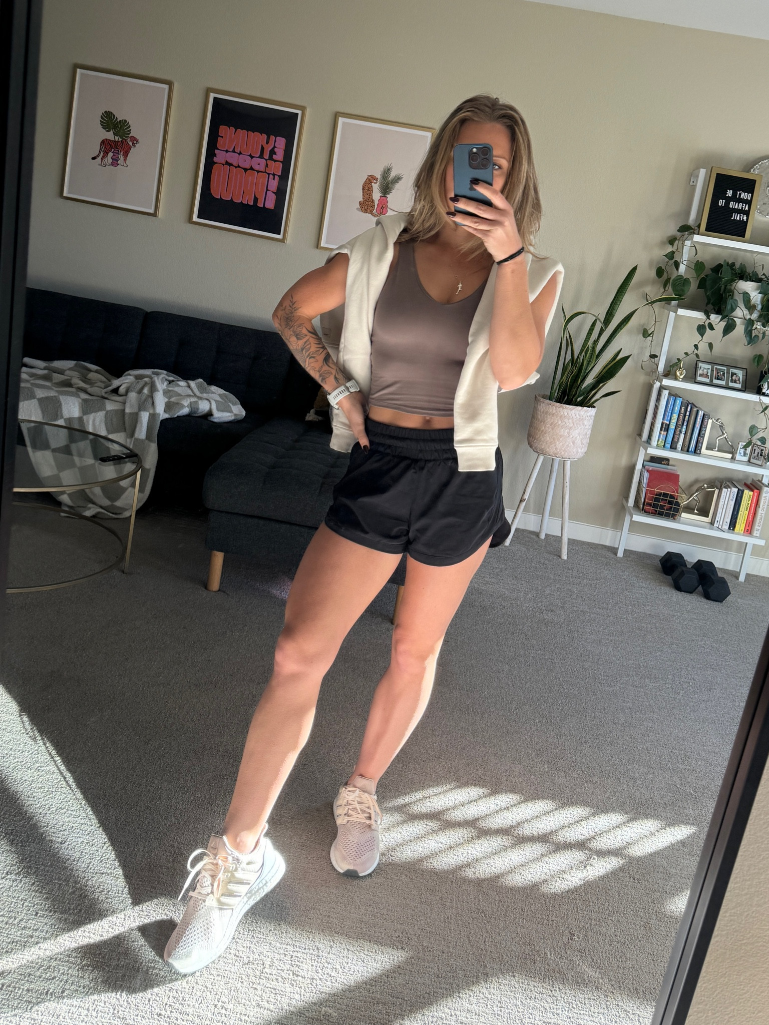 what I wore to workout. shorts size 4. tank and zip up size small - linked similar. shoes tts  - linked similar colors  