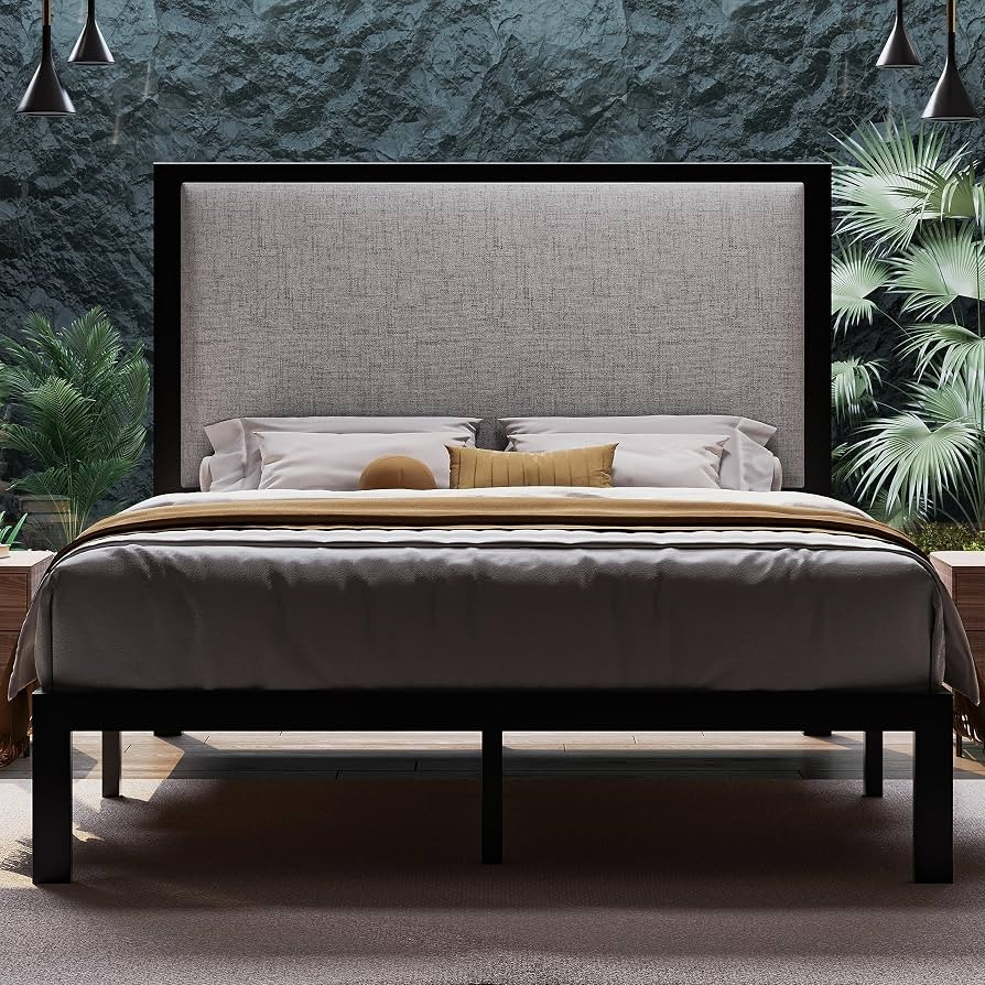 Allewie Full Size Bed Frame with 47'' Tall Upholstered Headboard, High Metal Bed Frame with 12'' ... | Amazon (US)