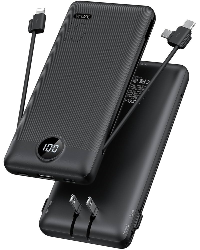 VRURC Portable Charger Built-in Cables and AC Wall Plug, USB C Power Bank 10000mAh, Travel Essent... | Amazon (US)