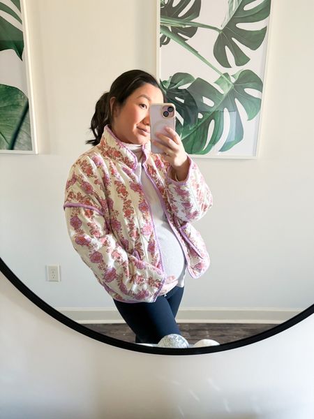 Dressing the baby bump with the cutest lightweight jacket- perfect for spring 🤍 wearing a medium in everything 

#maternity #spring #quiltedjacket 

#LTKbaby #LTKbump #LTKSpringSale